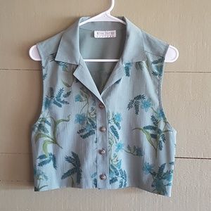 Vintage green floral leaf print sleeveless blouse